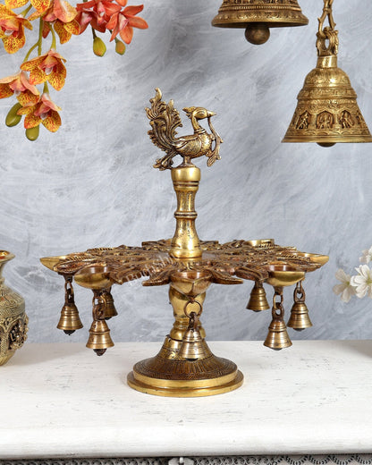 Brass Annam Pakshi Peacock Oil Lamp – 7 Wick Diya with Hanging Bells (13.4 Inches) - Budhshiv.com