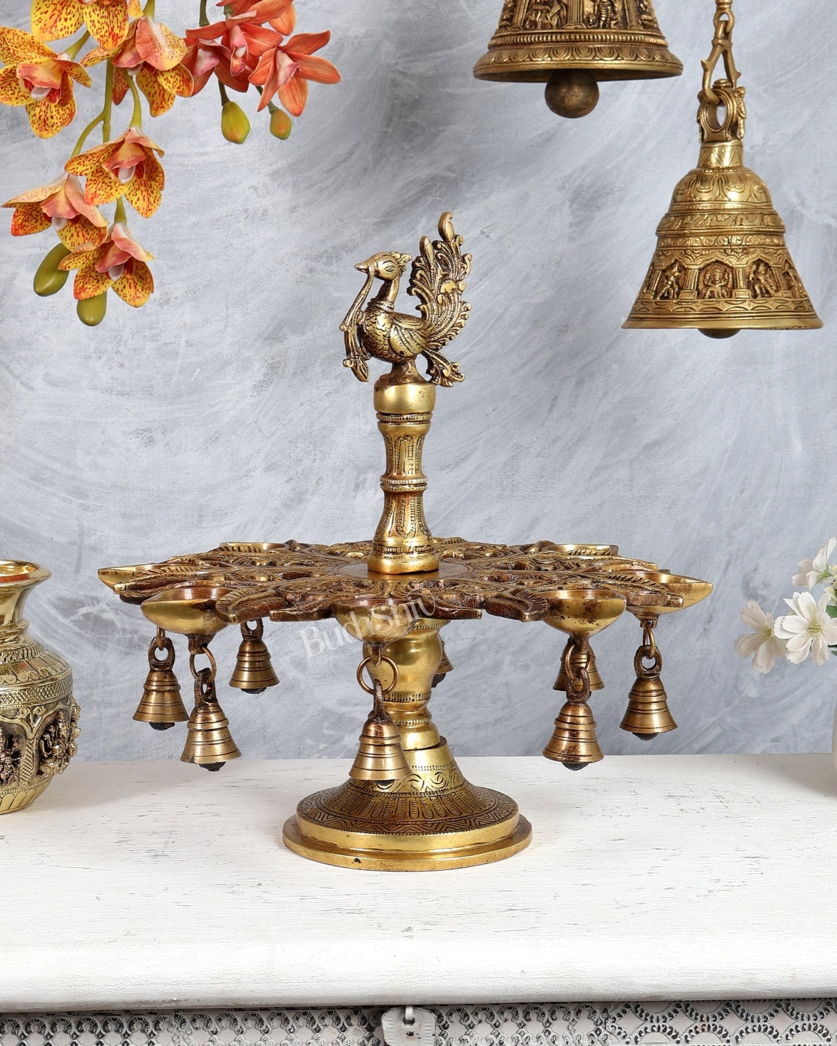 Brass Annam Pakshi Peacock Oil Lamp – 7 Wick Diya with Hanging Bells (13.4 Inches) - Budhshiv.com