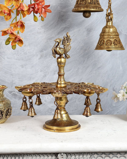 Brass Annam Pakshi Peacock Oil Lamp – 7 Wick Diya with Hanging Bells (13.4 Inches) - Budhshiv.com