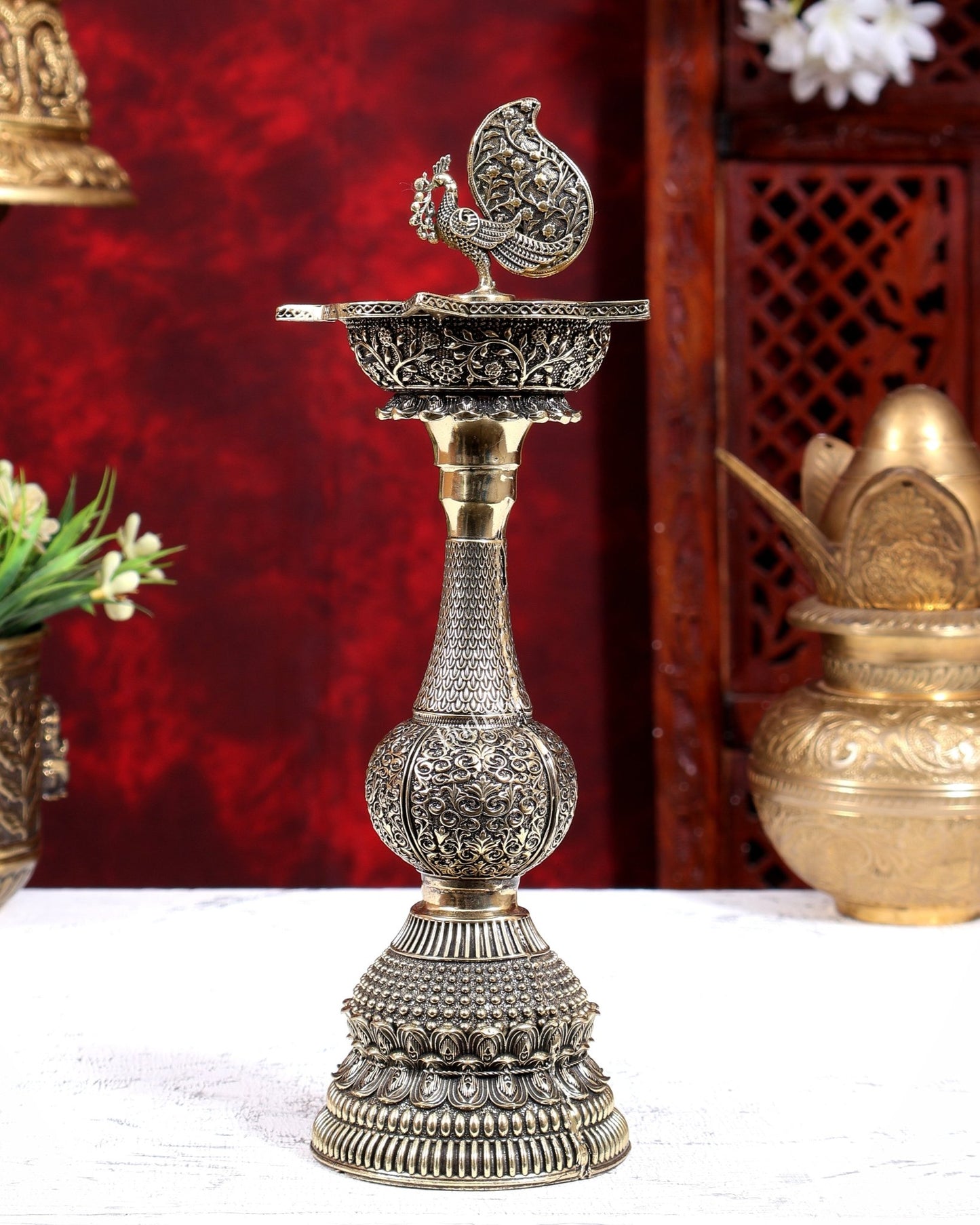 Brass Annam Pakshi Peacock Oil Lamp Diya | Pure Brass Swan Peacock Handcrafted Diya 10 inch - Budhshiv.com
