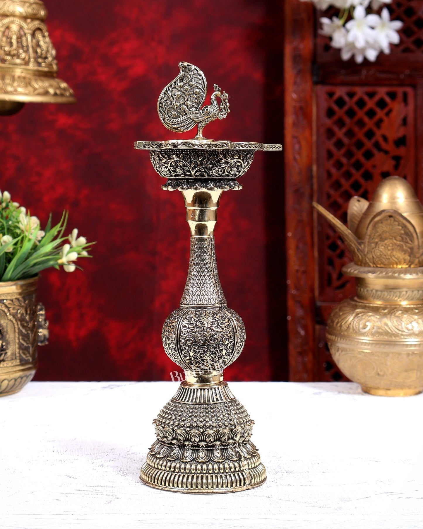 Brass Annam Pakshi Peacock Oil Lamp Diya | Pure Brass Swan Peacock Handcrafted Diya 10 inch - Budhshiv.com