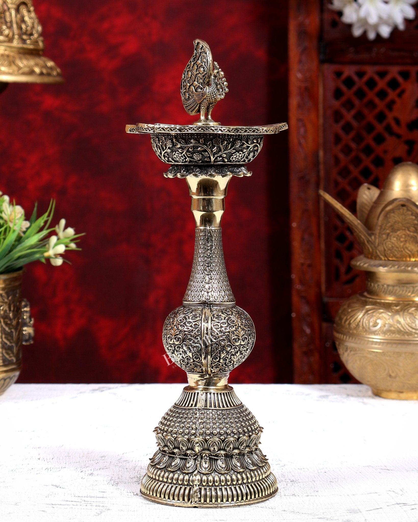 Brass Annam Pakshi Peacock Oil Lamp Diya | Pure Brass Swan Peacock Handcrafted Diya 10 inch - Budhshiv.com