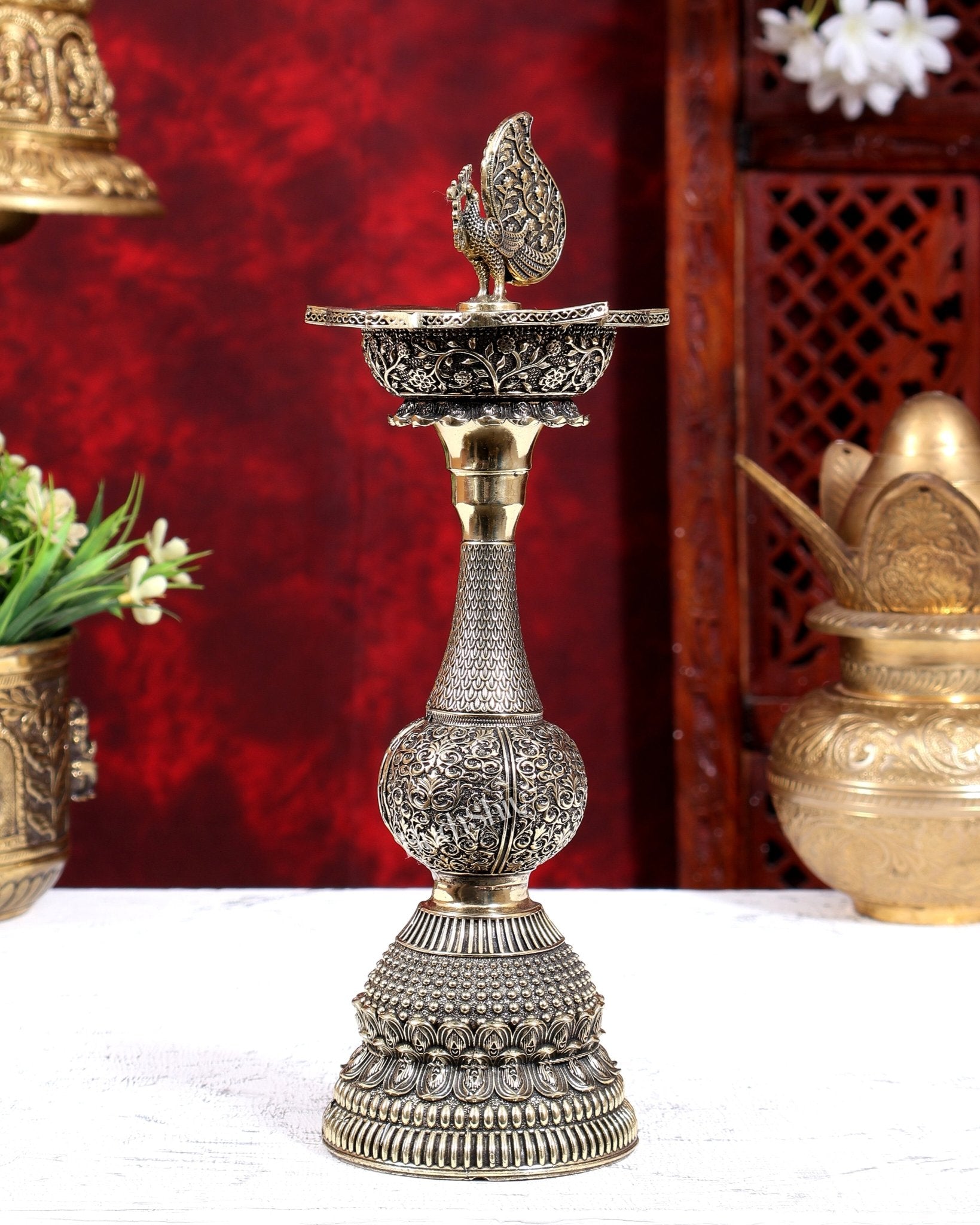 Brass Annam Pakshi Peacock Oil Lamp Diya | Pure Brass Swan Peacock Handcrafted Diya 10 inch - Budhshiv.com