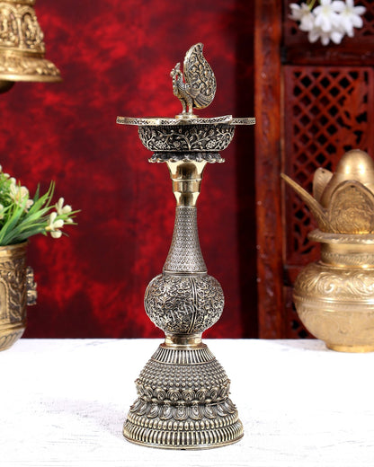 Brass Annam Pakshi Peacock Oil Lamp Diya | Pure Brass Swan Peacock Handcrafted Diya 10 inch - Budhshiv.com