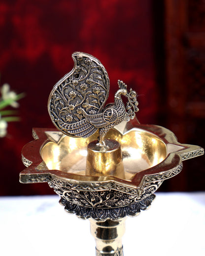 Brass Annam Pakshi Peacock Oil Lamp Diya | Pure Brass Swan Peacock Handcrafted Diya 10 inch - Budhshiv.com