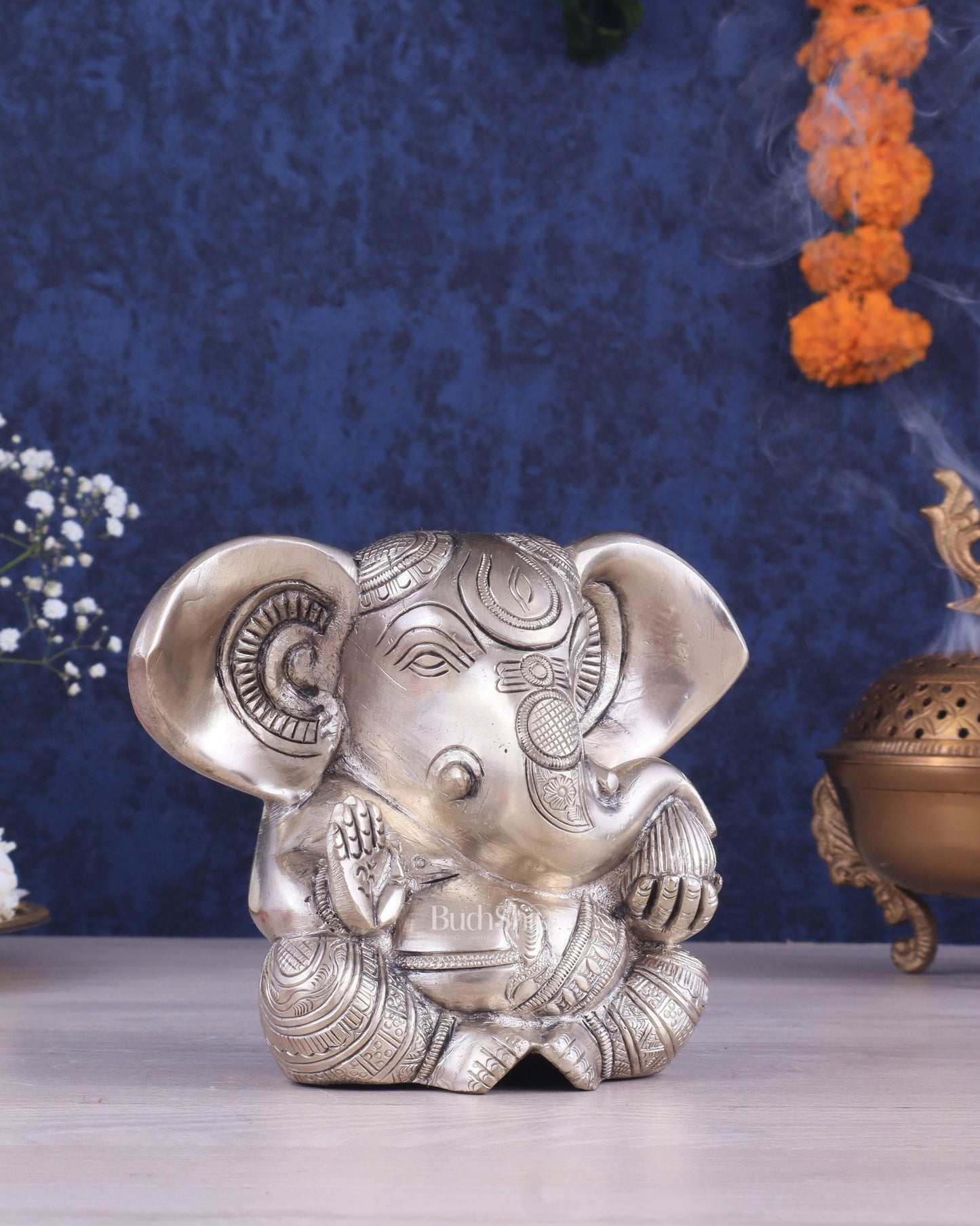 Brass Appu Ganesha Superfine Statue Big ears 6" silver plated - Budhshiv.com