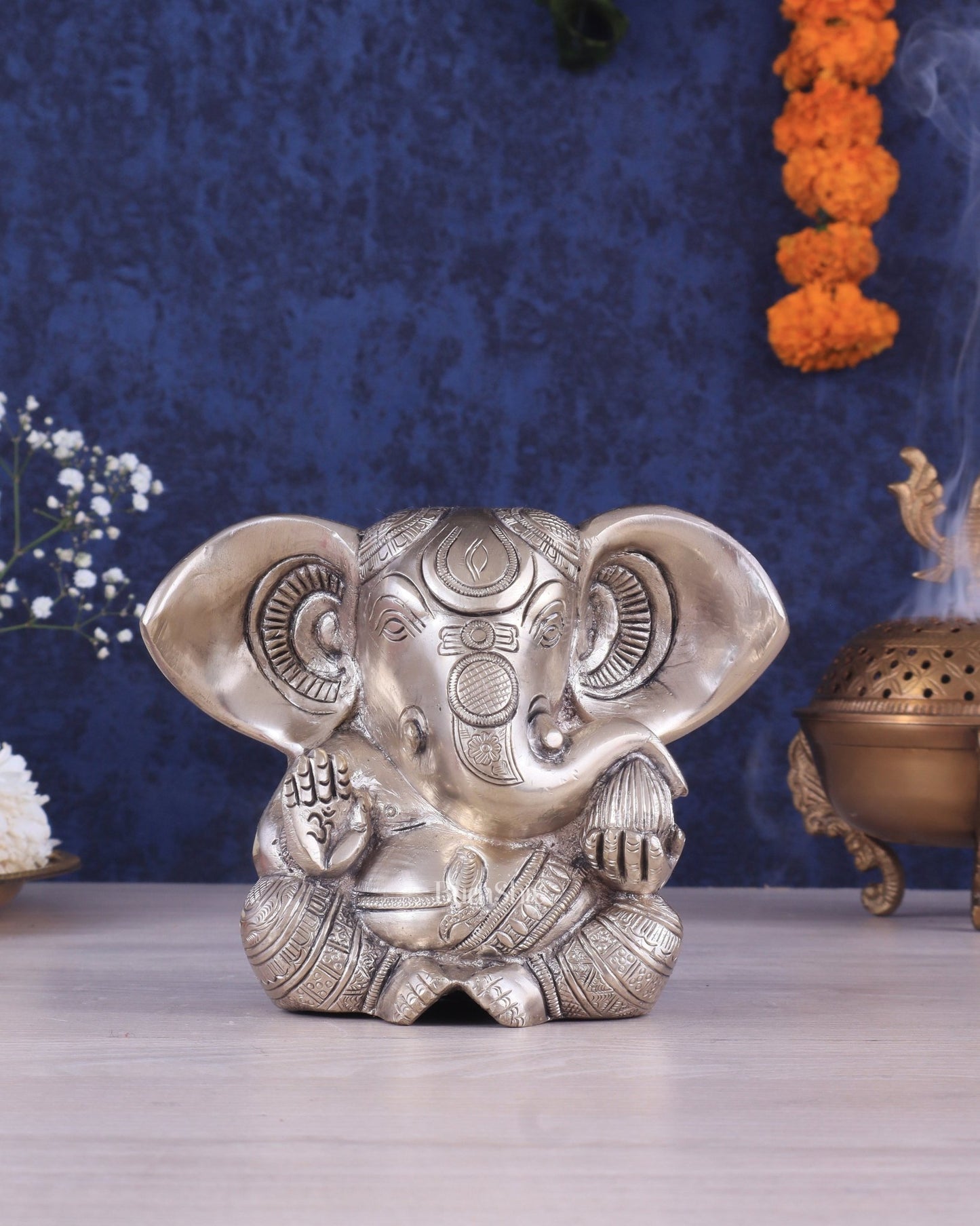 Brass Appu Ganesha Superfine Statue Big ears 6" silver plated - Budhshiv.com