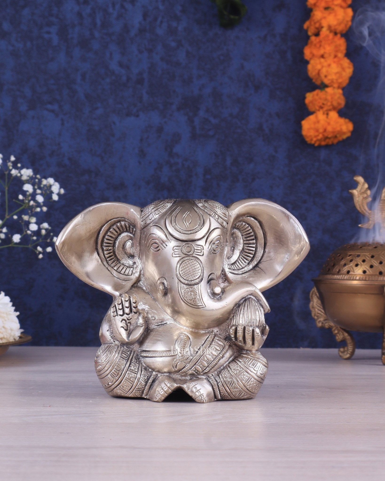 Brass Appu Ganesha Superfine Statue Big ears 6" silver plated - Budhshiv.com