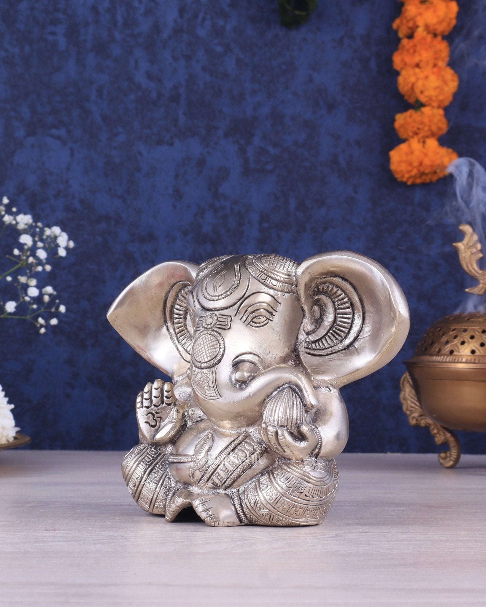 Brass Appu Ganesha Superfine Statue Big ears 6" silver plated - Budhshiv.com