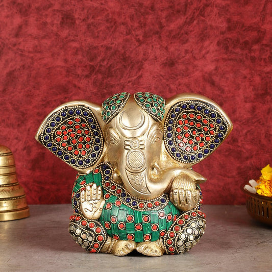 Brass Appu Ganesha Superfine Statue Big ears 6" with multicolour work - Budhshiv.com