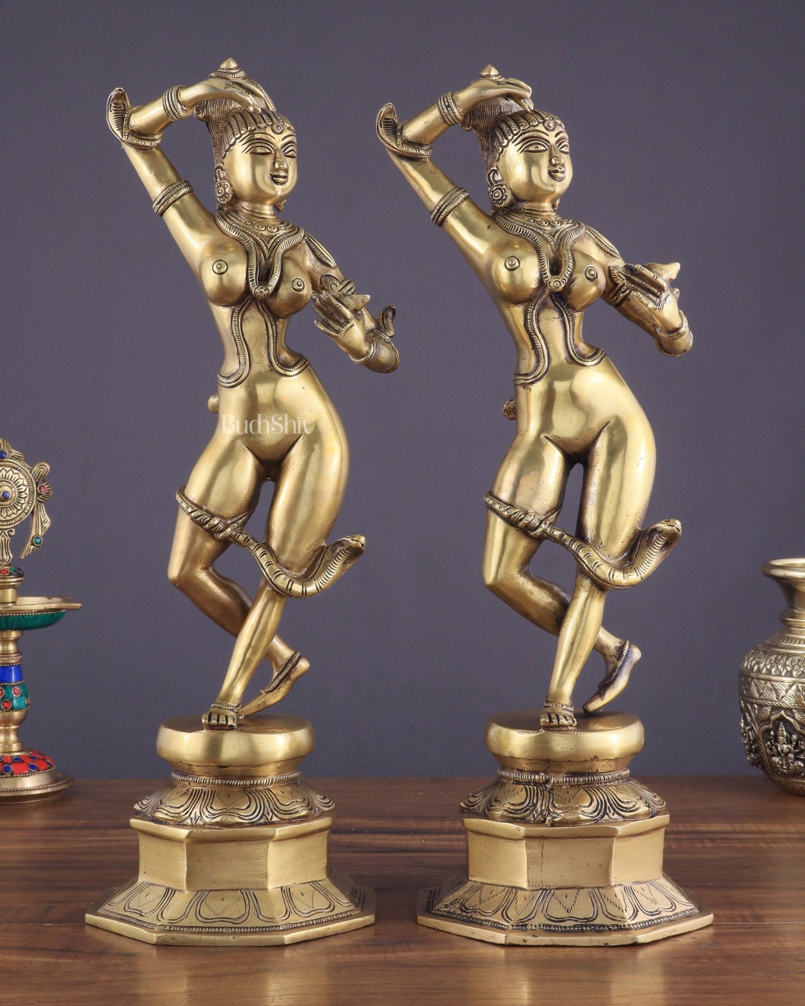 Brass Apsara Unique Sculpture – A Testament of Fertility (Pair) 16" - Budhshiv.com