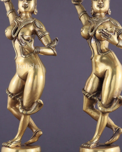 Brass Apsara Unique Sculpture – A Testament of Fertility (Pair) 16" - Budhshiv.com