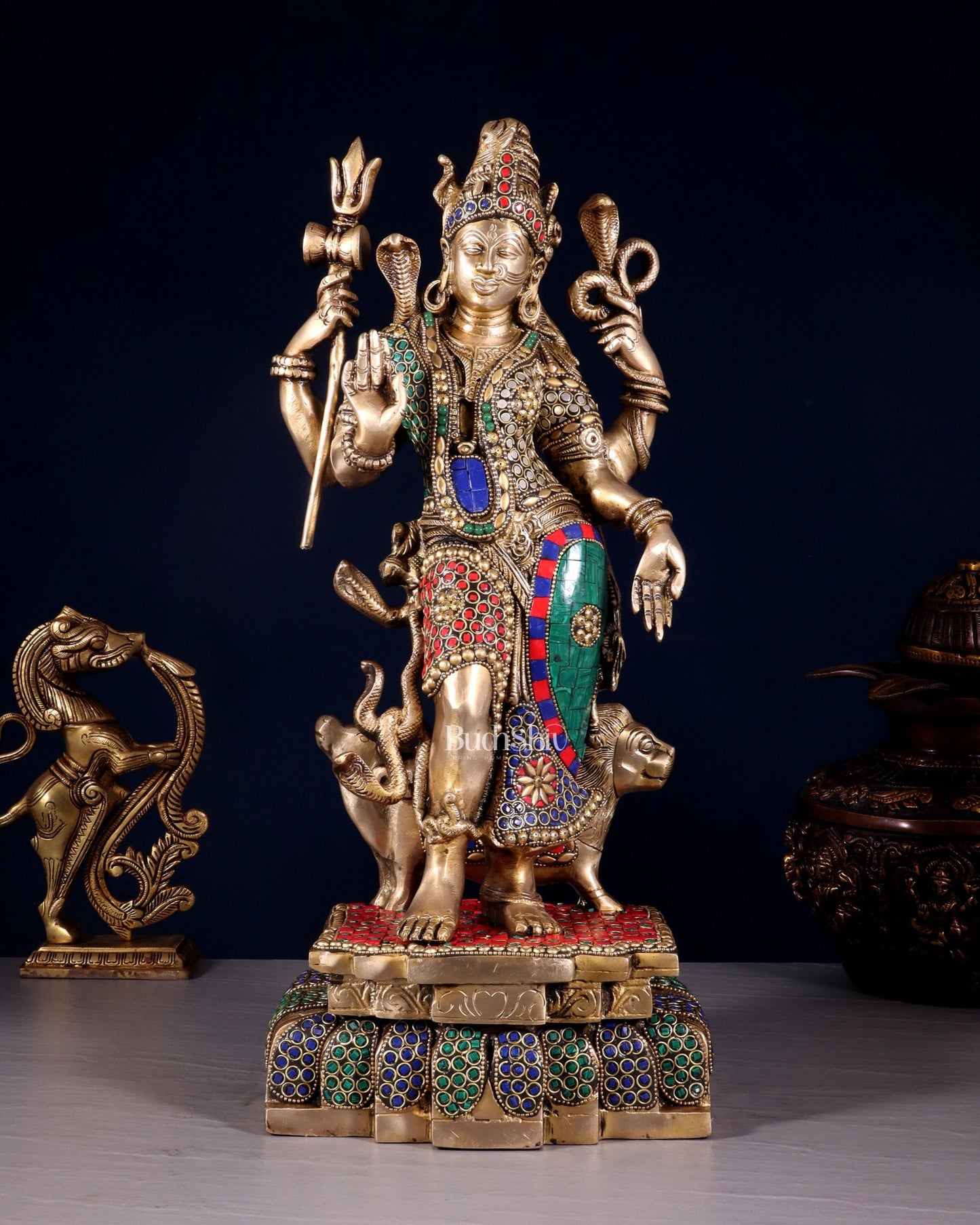 Brass Ardhanarishwara Statue - 19 Inch stonework - Budhshiv.com