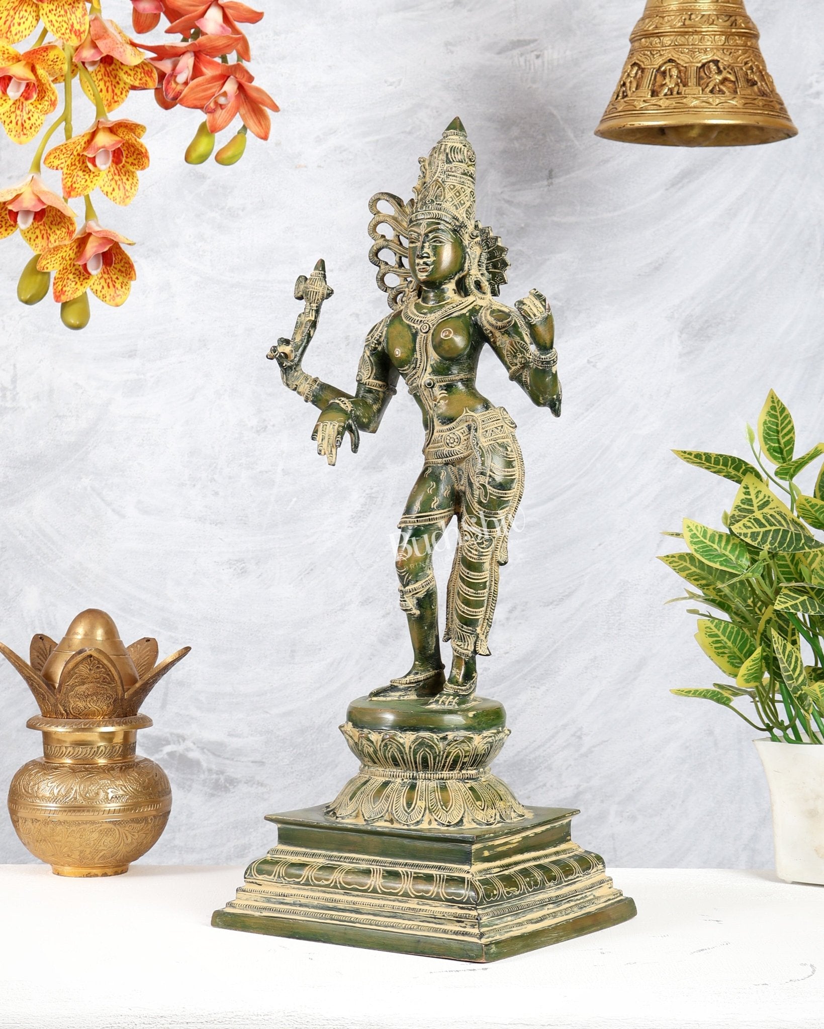 Brass Ardhanarishwara Statue – Antique Green Tone Divine Sculpture (19 Inches) - Budhshiv.com