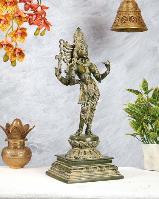 Brass Ardhanarishwara Statue – Antique Green Tone Divine Sculpture (19 Inches) - Budhshiv.com
