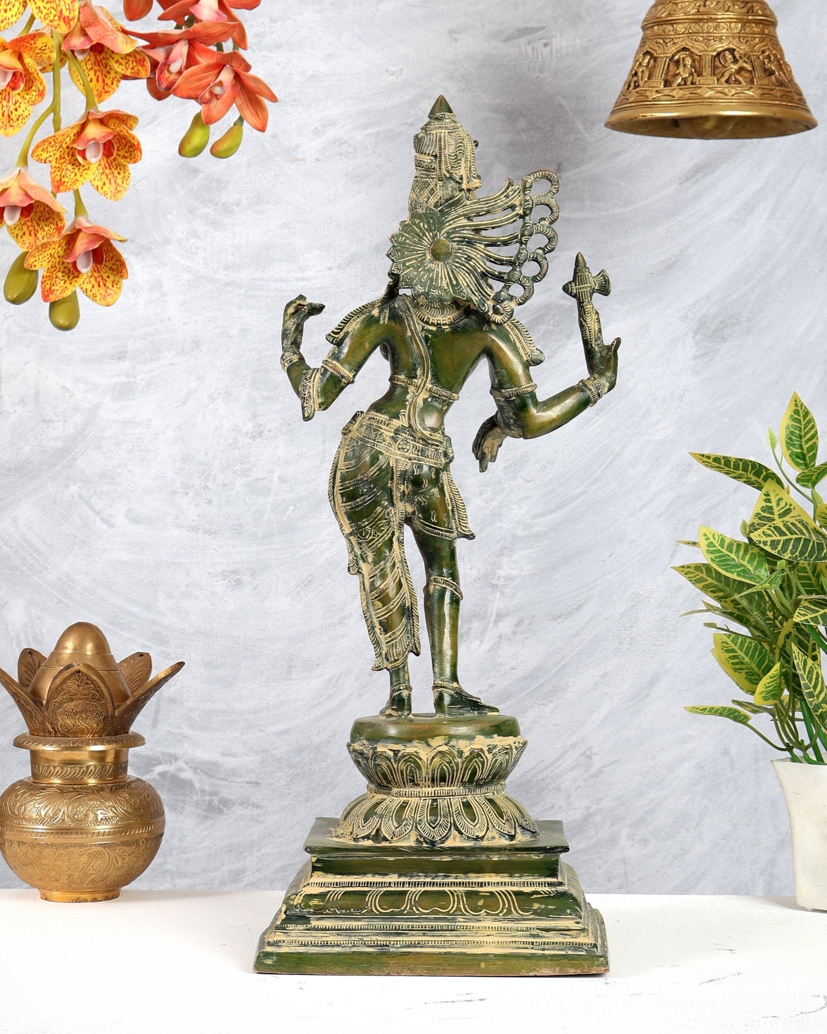 Brass Ardhanarishwara Statue – Antique Green Tone Divine Sculpture (19 Inches) - Budhshiv.com