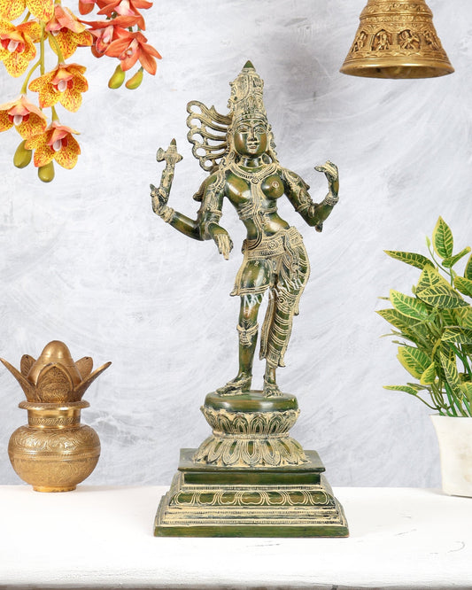 Brass Ardhanarishwara Statue – Antique Green Tone Divine Sculpture (19 Inches) - Budhshiv.com