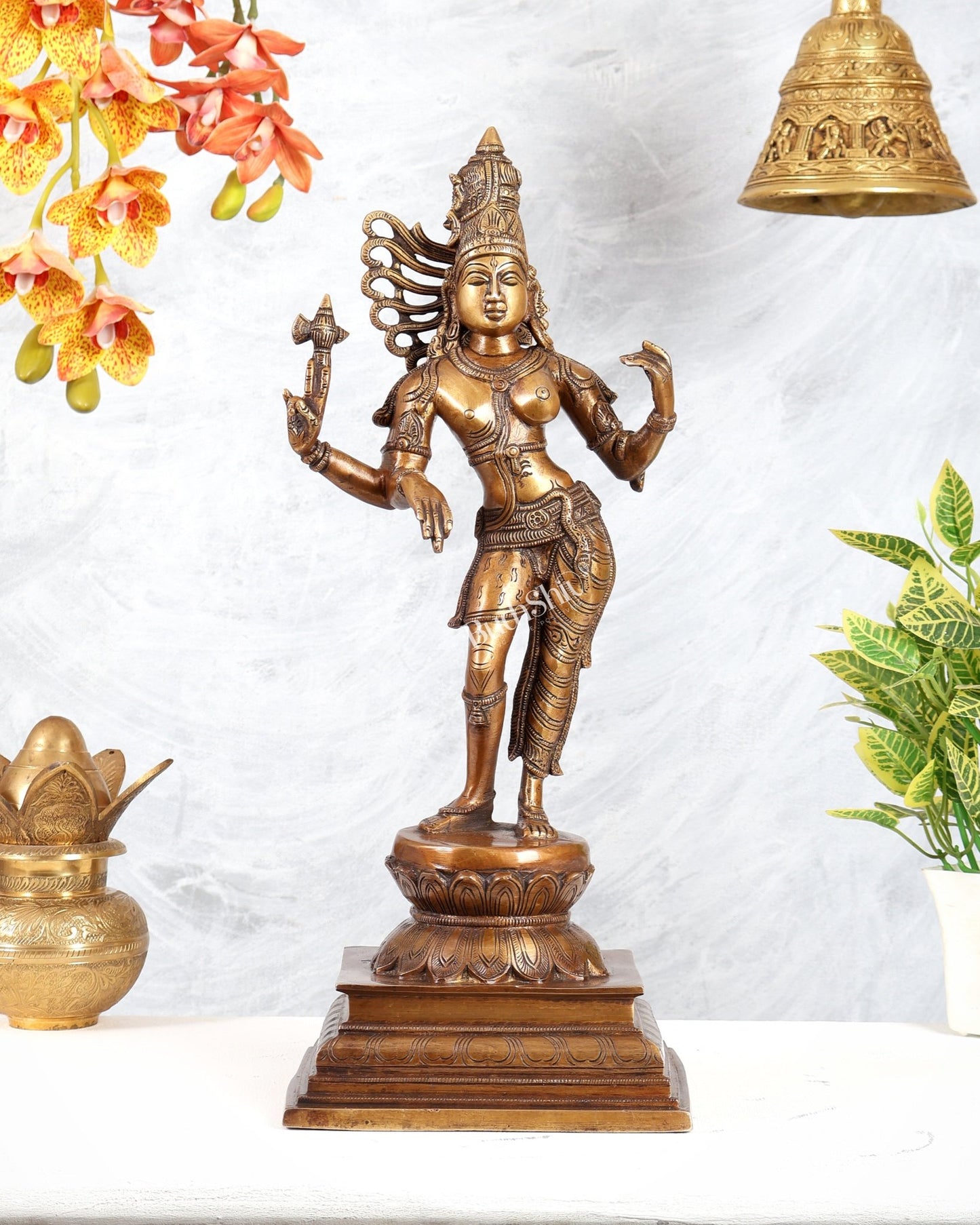 Brass Ardhanarishwara Statue – Burnt Brass Tone Divine Sculpture (19 Inches) - Budhshiv.com