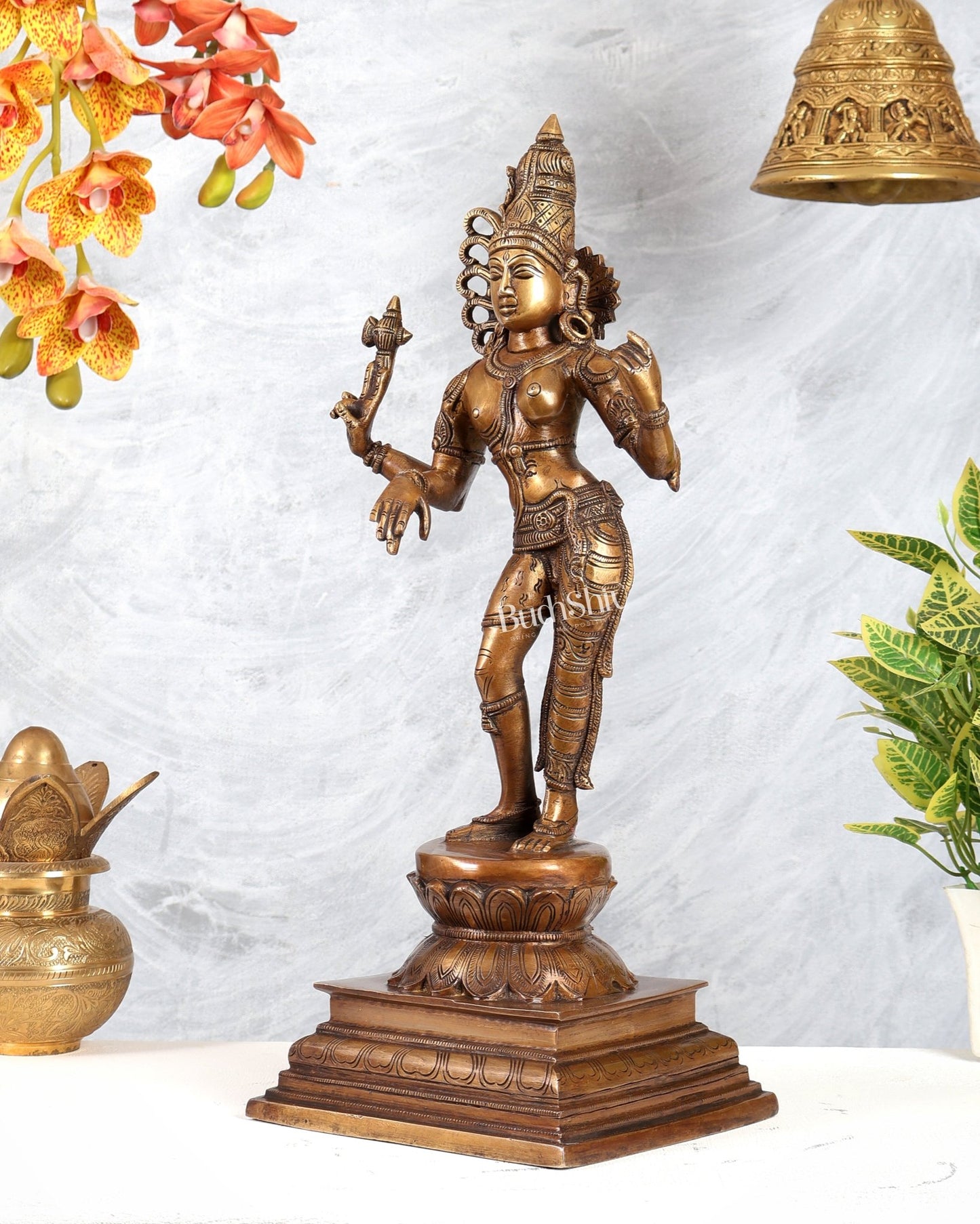 Brass Ardhanarishwara Statue – Burnt Brass Tone Divine Sculpture (19 Inches) - Budhshiv.com