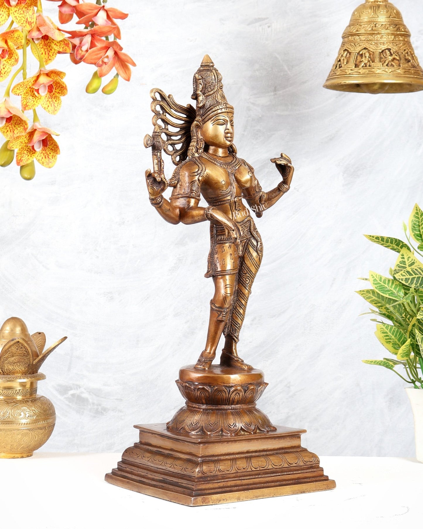 Brass Ardhanarishwara Statue – Burnt Brass Tone Divine Sculpture (19 Inches) - Budhshiv.com