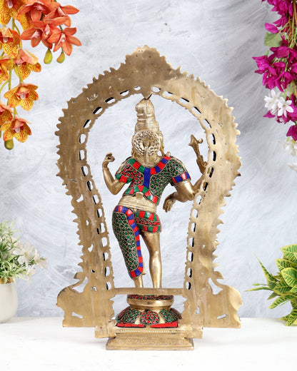 Brass Ardhanarishwara Statue with Prabhavali & Stonework – Divine Shiva Shakti Sculpture (18 Inches) - Budhshiv.com