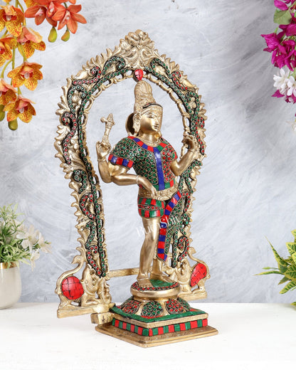 Brass Ardhanarishwara Statue with Prabhavali & Stonework – Divine Shiva Shakti Sculpture (18 Inches) - Budhshiv.com