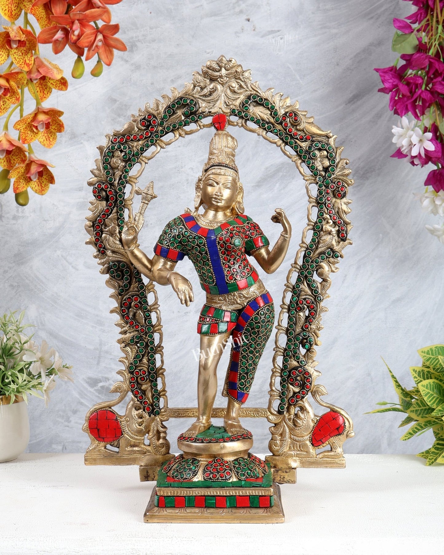 Brass Ardhanarishwara Statue with Prabhavali & Stonework – Divine Shiva Shakti Sculpture (18 Inches) - Budhshiv.com