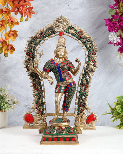 Brass Ardhanarishwara Statue with Prabhavali & Stonework – Divine Shiva Shakti Sculpture (18 Inches) - Budhshiv.com