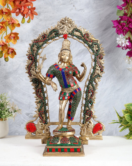 Brass Ardhanarishwara Statue with Prabhavali & Stonework – Divine Shiva Shakti Sculpture (18 Inches) - Budhshiv.com
