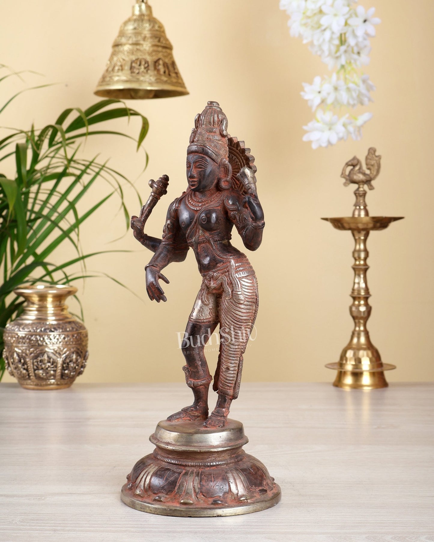 Brass Ardhanishvara Sculpture – Dual Tone Red Silver Antique Finish | 11.5 Inch - Budhshiv.com