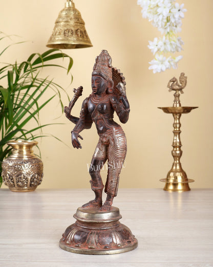 Brass Ardhanishvara Sculpture – Dual Tone Red Silver Antique Finish | 11.5 Inch - Budhshiv.com