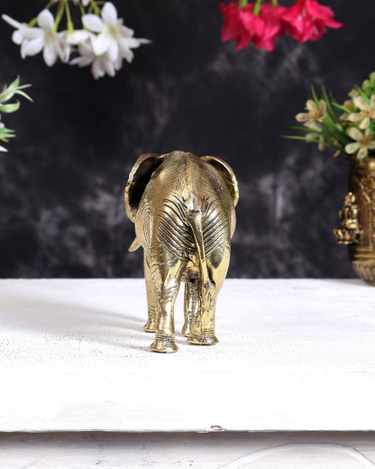 Brass Ascending African Elephant with Trunk Down – Vastu Compliant Handcrafted Showpiece 5.5 inch - Budhshiv.com