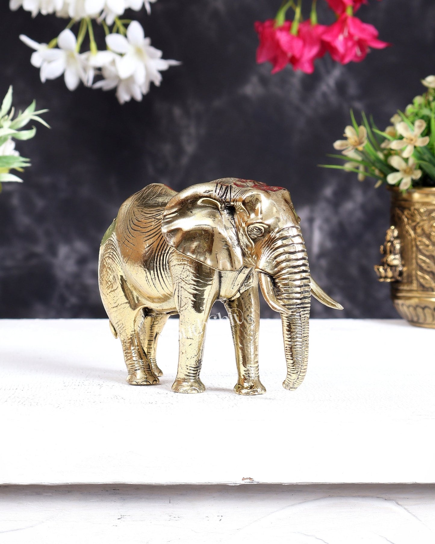 Brass Ascending African Elephant with Trunk Down – Vastu Compliant Handcrafted Showpiece 5.5 inch - Budhshiv.com