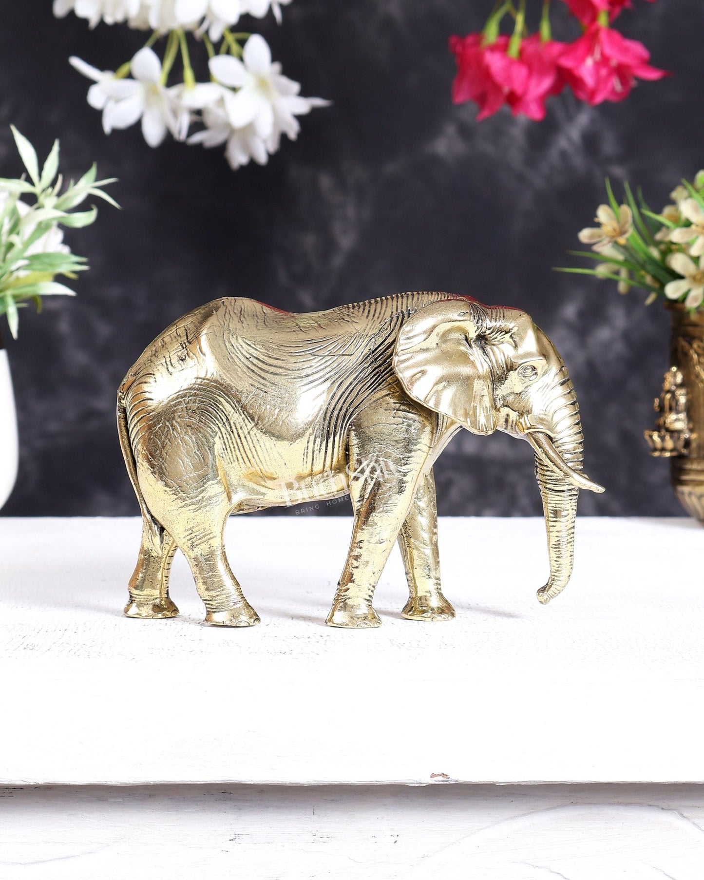 Brass Ascending African Elephant with Trunk Down – Vastu Compliant Handcrafted Showpiece 5.5 inch - Budhshiv.com