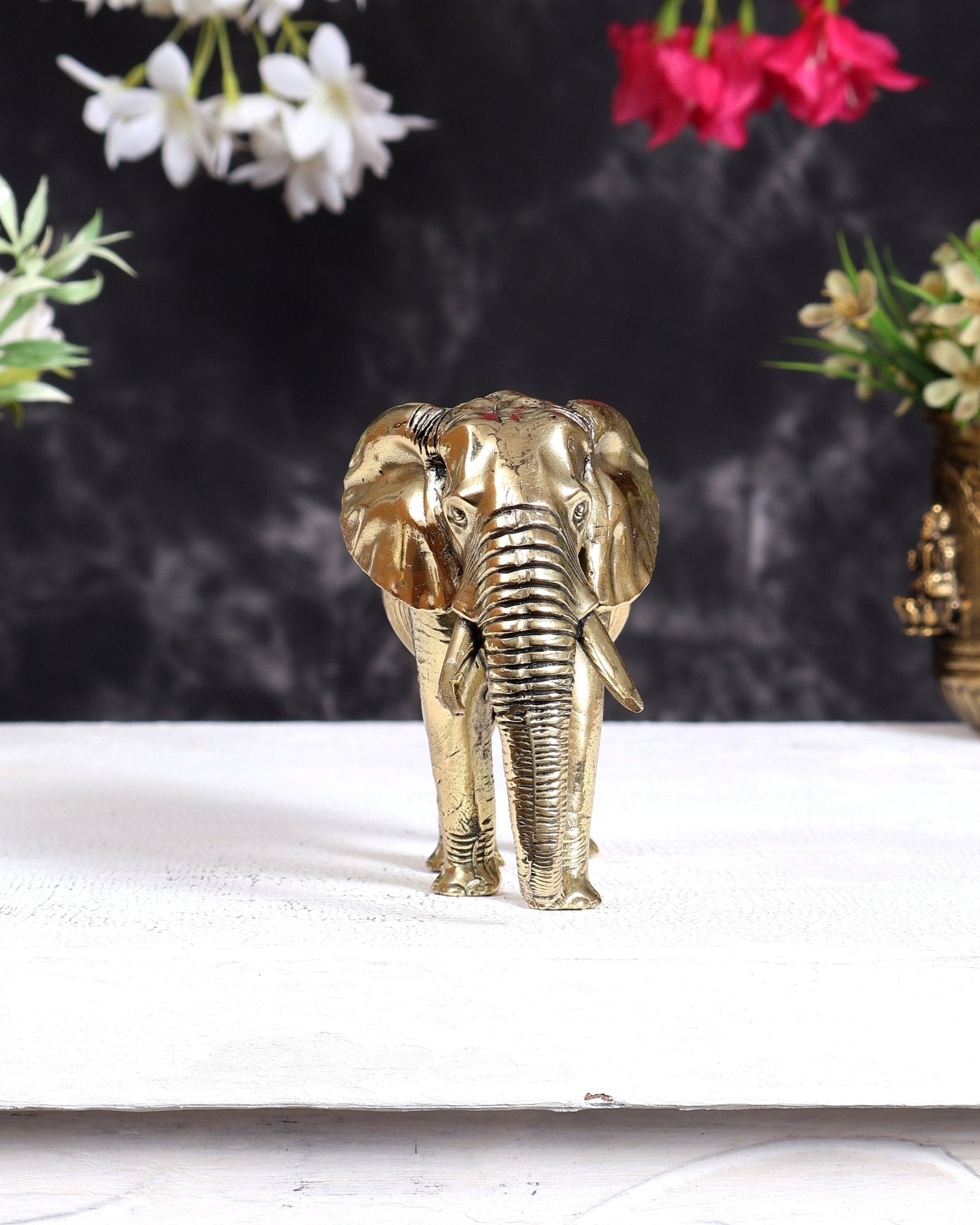 Brass Ascending African Elephant with Trunk Down – Vastu Compliant Handcrafted Showpiece 5.5 inch - Budhshiv.com