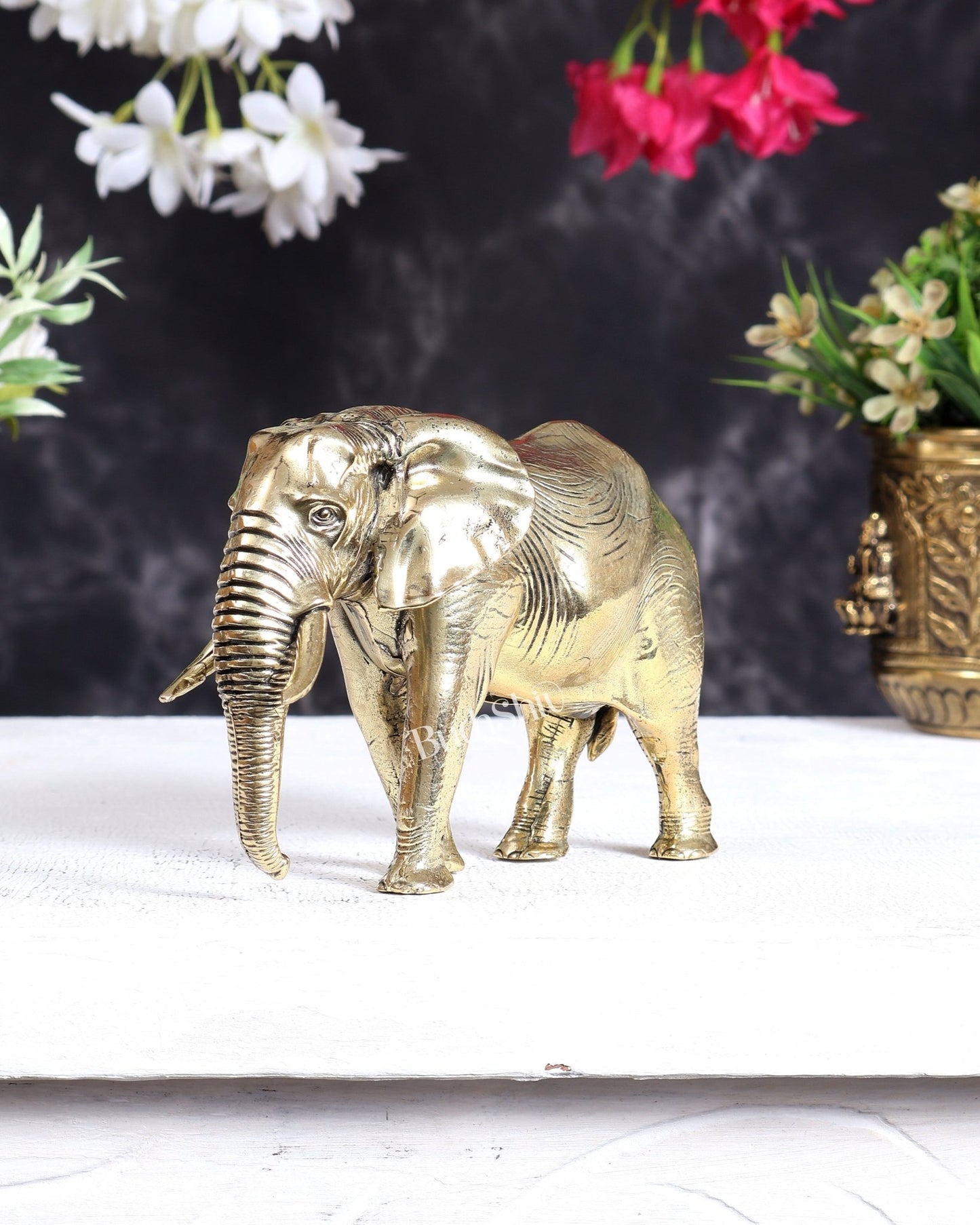 Brass Ascending African Elephant with Trunk Down – Vastu Compliant Handcrafted Showpiece 5.5 inch - Budhshiv.com