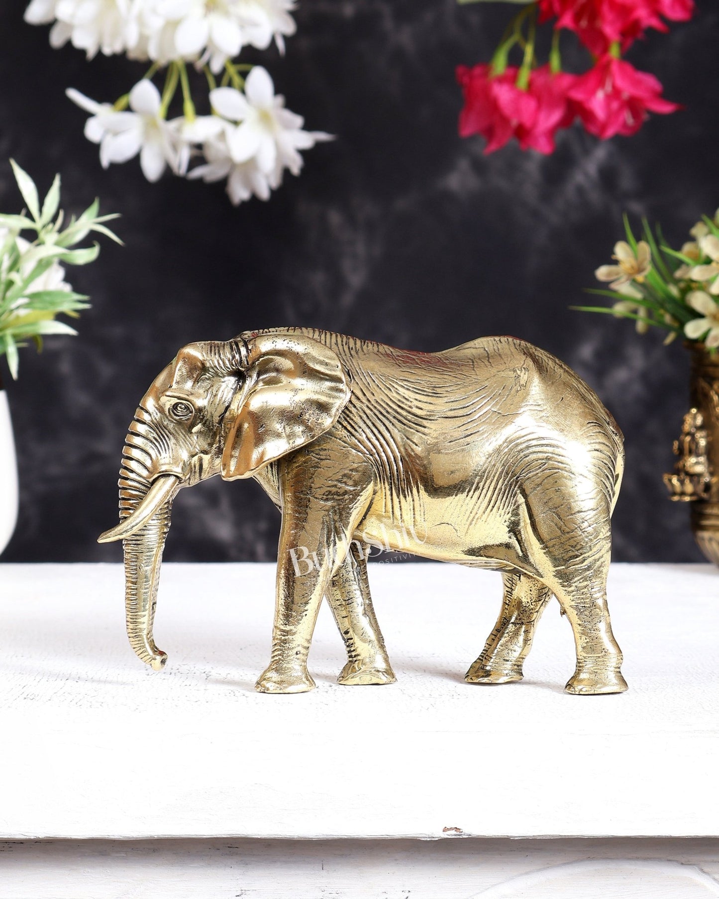 Brass Ascending African Elephant with Trunk Down – Vastu Compliant Handcrafted Showpiece 5.5 inch - Budhshiv.com