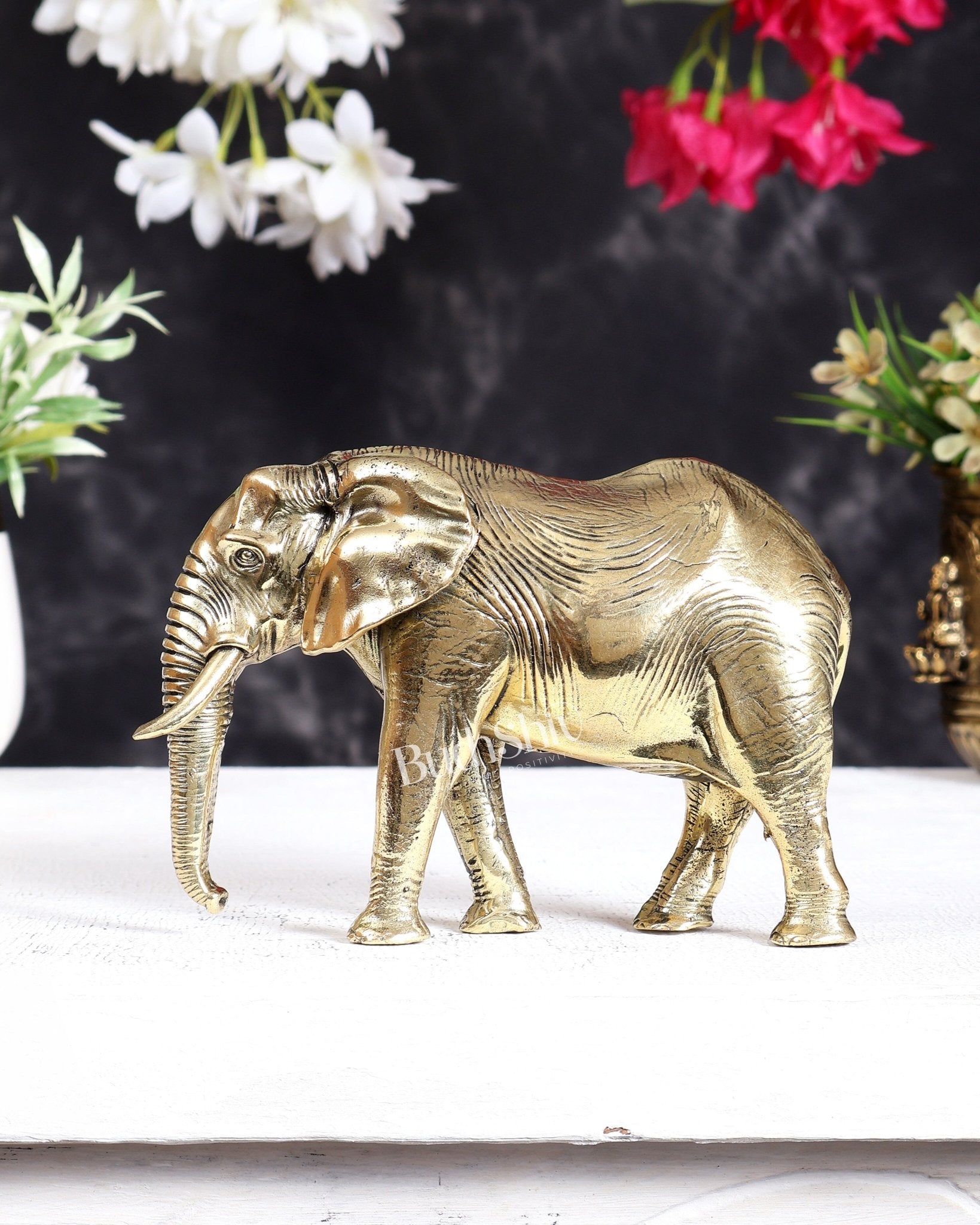 Brass Ascending African Elephant with Trunk Down – Vastu Compliant Handcrafted Showpiece 5.5 inch - Budhshiv.com