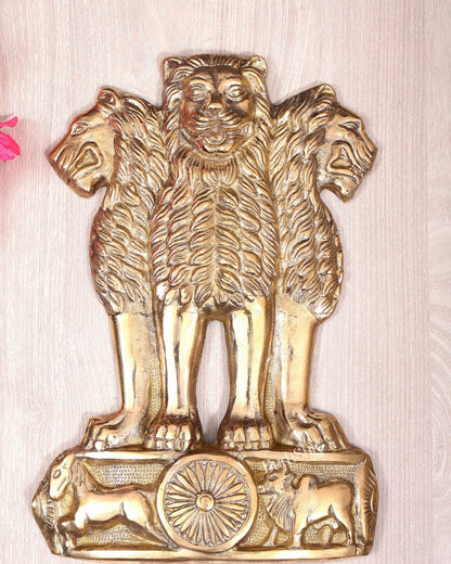 Brass Ashoka Lion Capital Wall Hanging | Satyamev Jayate | Pure Brass National Emblem Wall Décor 15.5 inch - Budhshiv.com