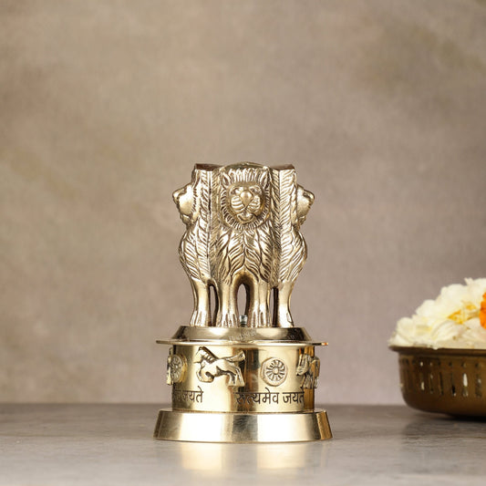 Brass Ashoka Lion Stambh Momento 6" - Budhshiv.com