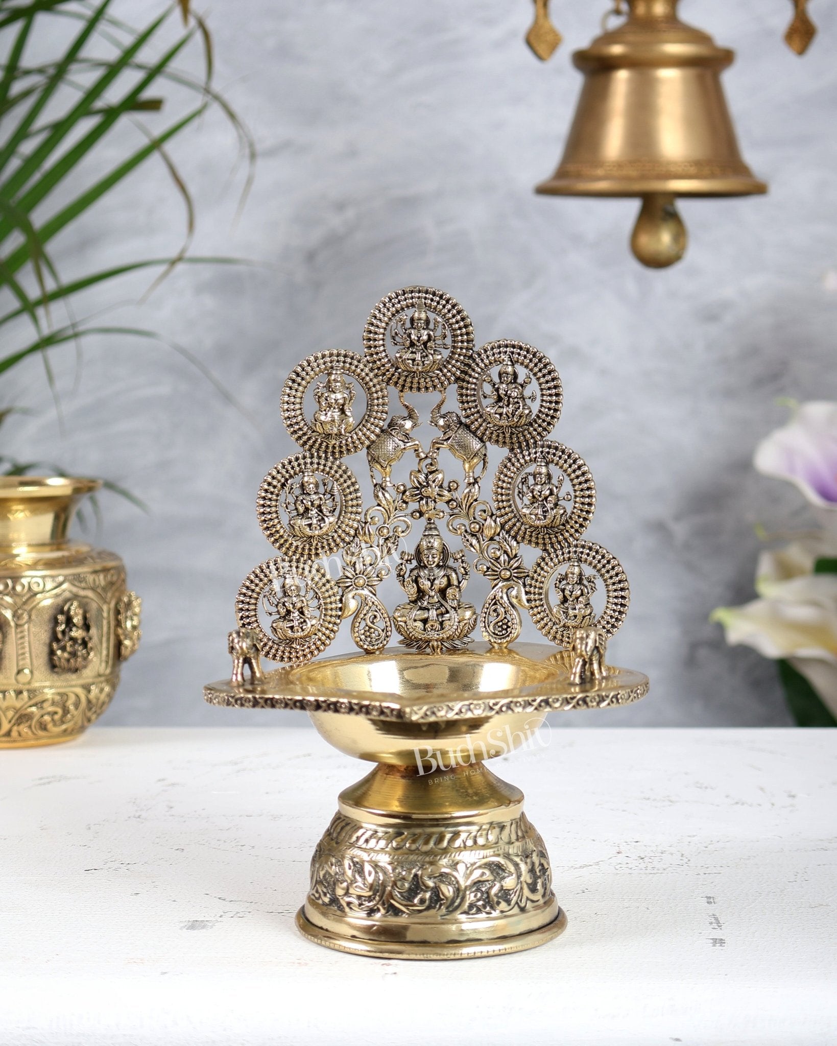 Brass Ashtalakshmi Diya Kamatchi Vilakku 7 Inch | Oil Lamp with Elephants - Budhshiv.com