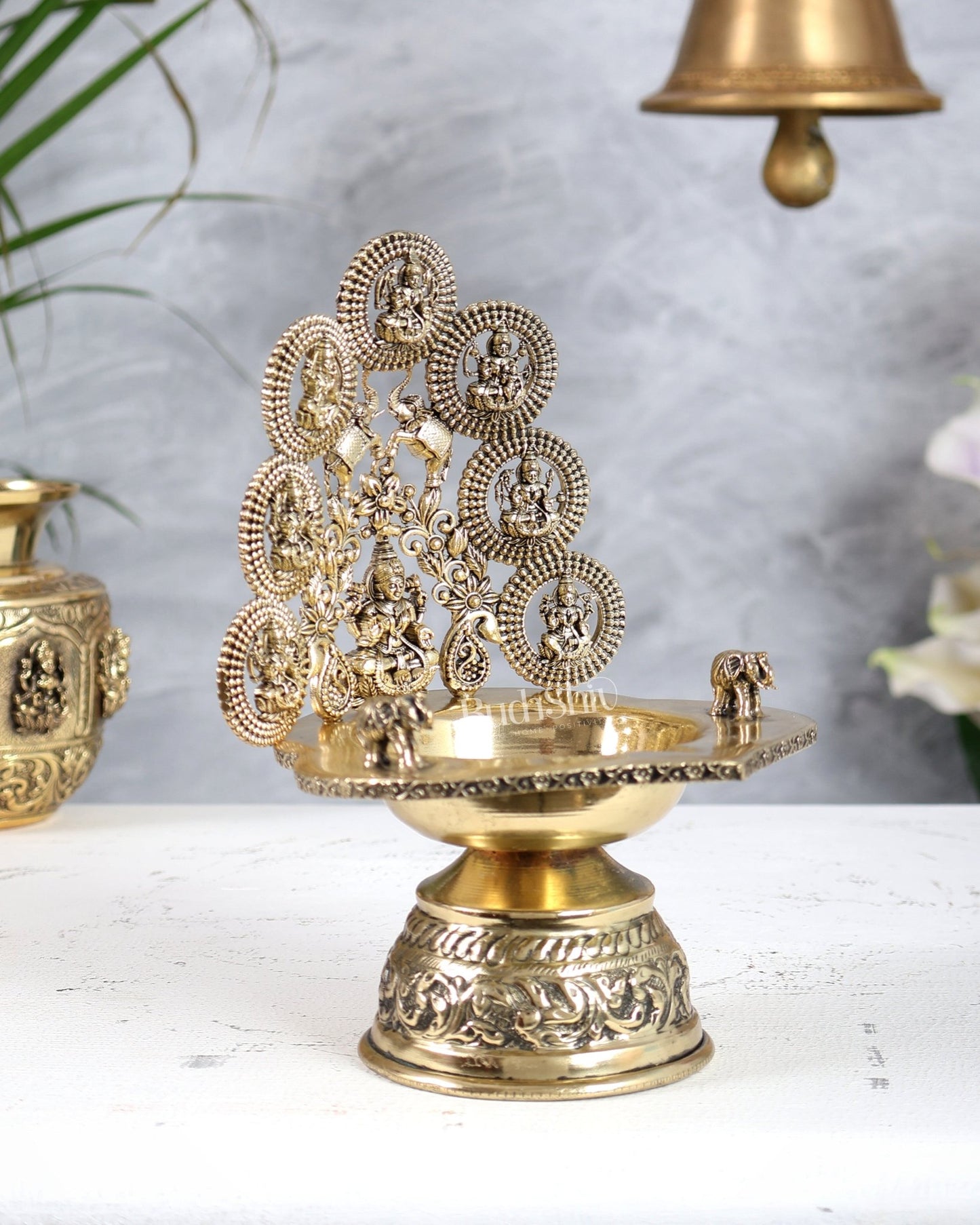 Brass Ashtalakshmi Diya Kamatchi Vilakku 7 Inch | Oil Lamp with Elephants - Budhshiv.com
