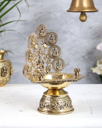 Brass Ashtalakshmi Diya Kamatchi Vilakku 7 Inch | Oil Lamp with Elephants - Budhshiv.com
