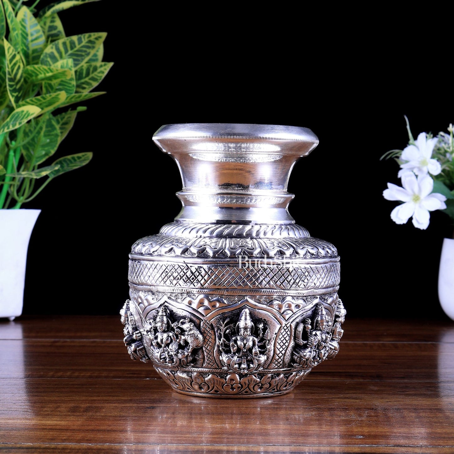 Brass Ashtalakshmi Kalash | 3D silver plated - Budhshiv.com