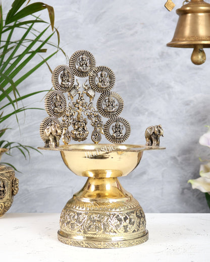 Brass Ashtalakshmi Kamatchi Vilakku 10.5 Inch | Oil Lamp with Elephants - Budhshiv.com