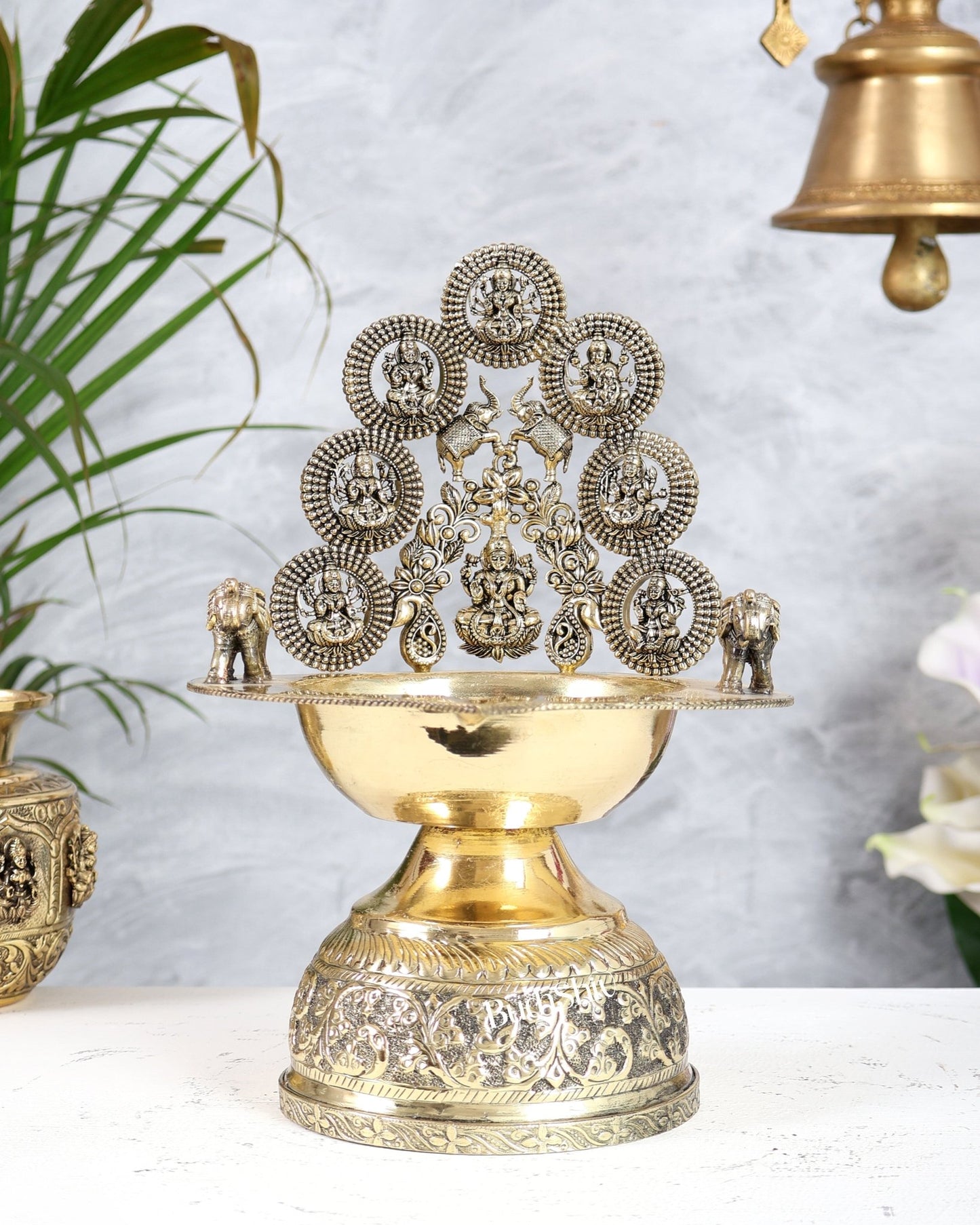 Brass Ashtalakshmi Kamatchi Vilakku 10.5 Inch | Oil Lamp with Elephants - Budhshiv.com