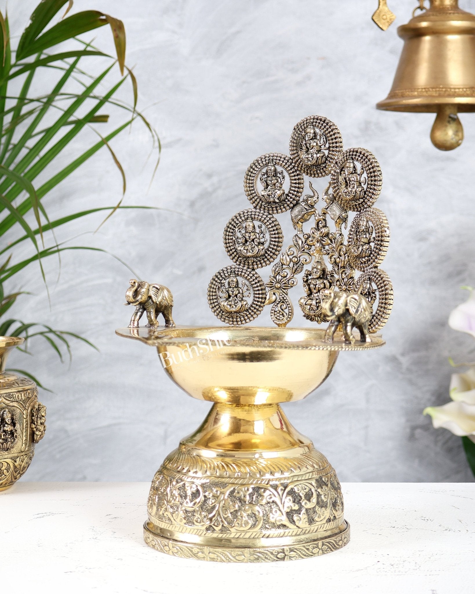Brass Ashtalakshmi Kamatchi Vilakku 10.5 Inch | Oil Lamp with Elephants - Budhshiv.com