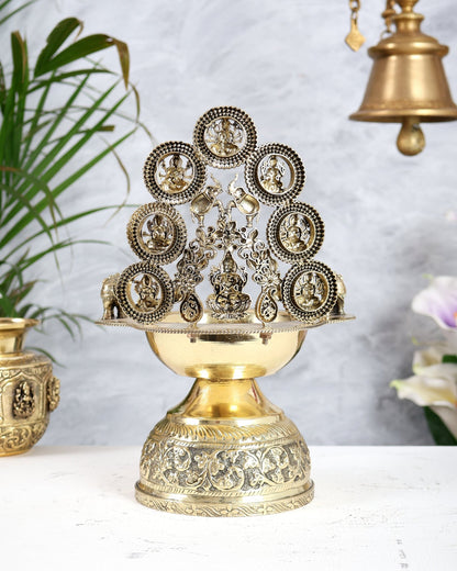 Brass Ashtalakshmi Kamatchi Vilakku 10.5 Inch | Oil Lamp with Elephants - Budhshiv.com