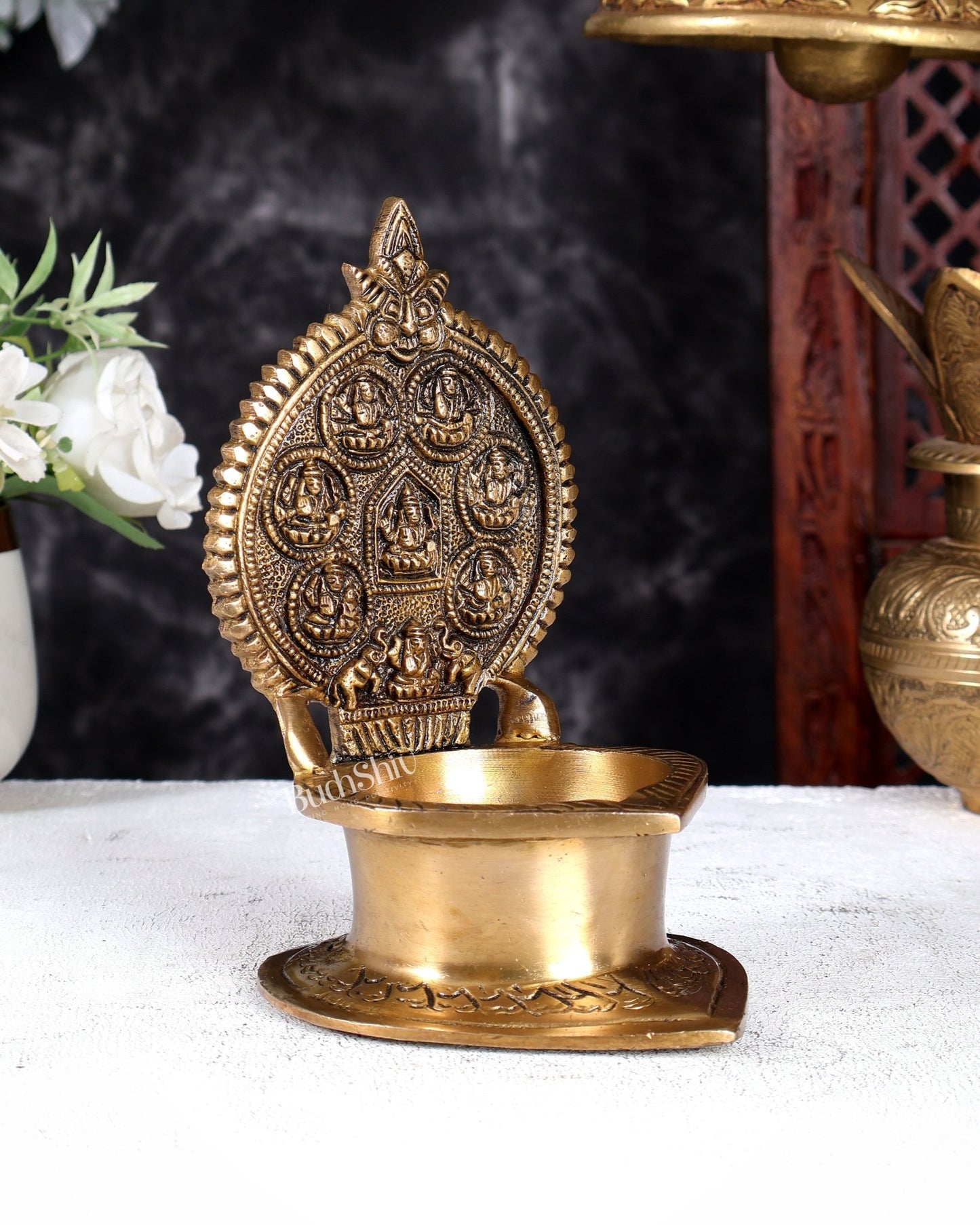 Brass Ashtalakshmi Kamatchi Vilakku Oil Lamp for Pooja 7 inch - Budhshiv.com