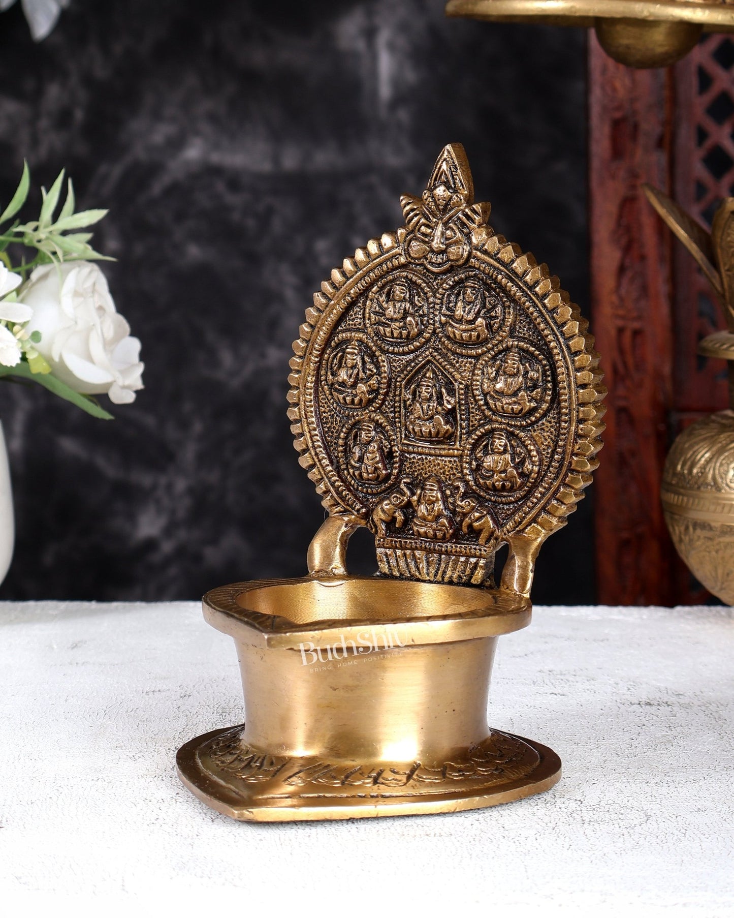 Brass Ashtalakshmi Kamatchi Vilakku Oil Lamp for Pooja 7 inch - Budhshiv.com